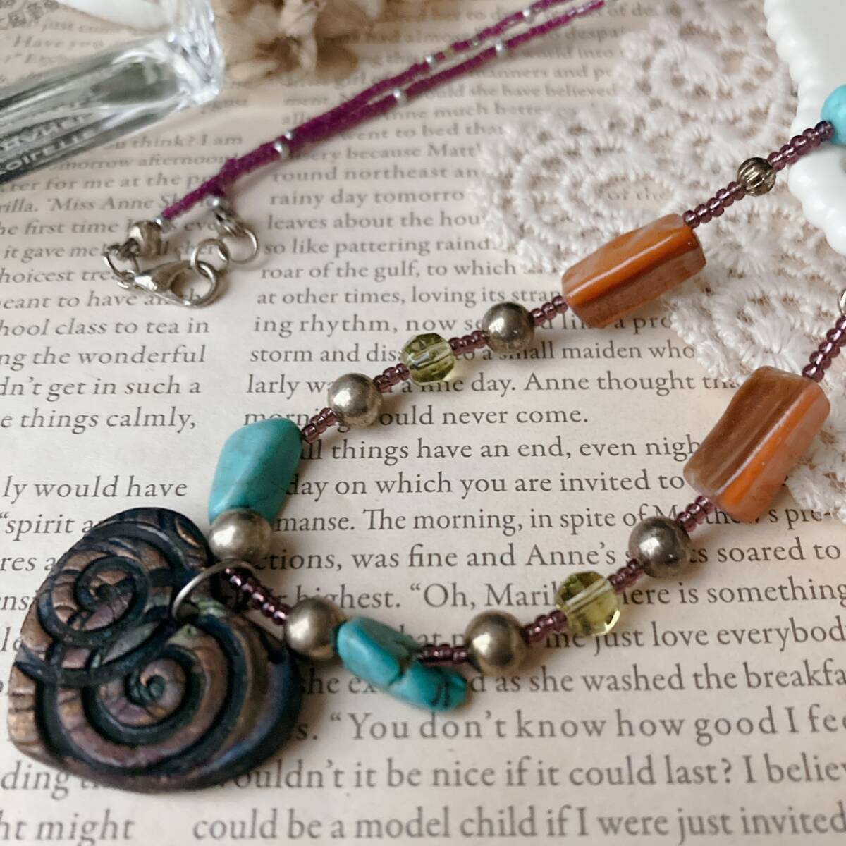 ビンテージネックレス ハート ブロンズ ターコイズ 天然石 ビーズ☆Vintage jewelry accessories R0250 拍卖