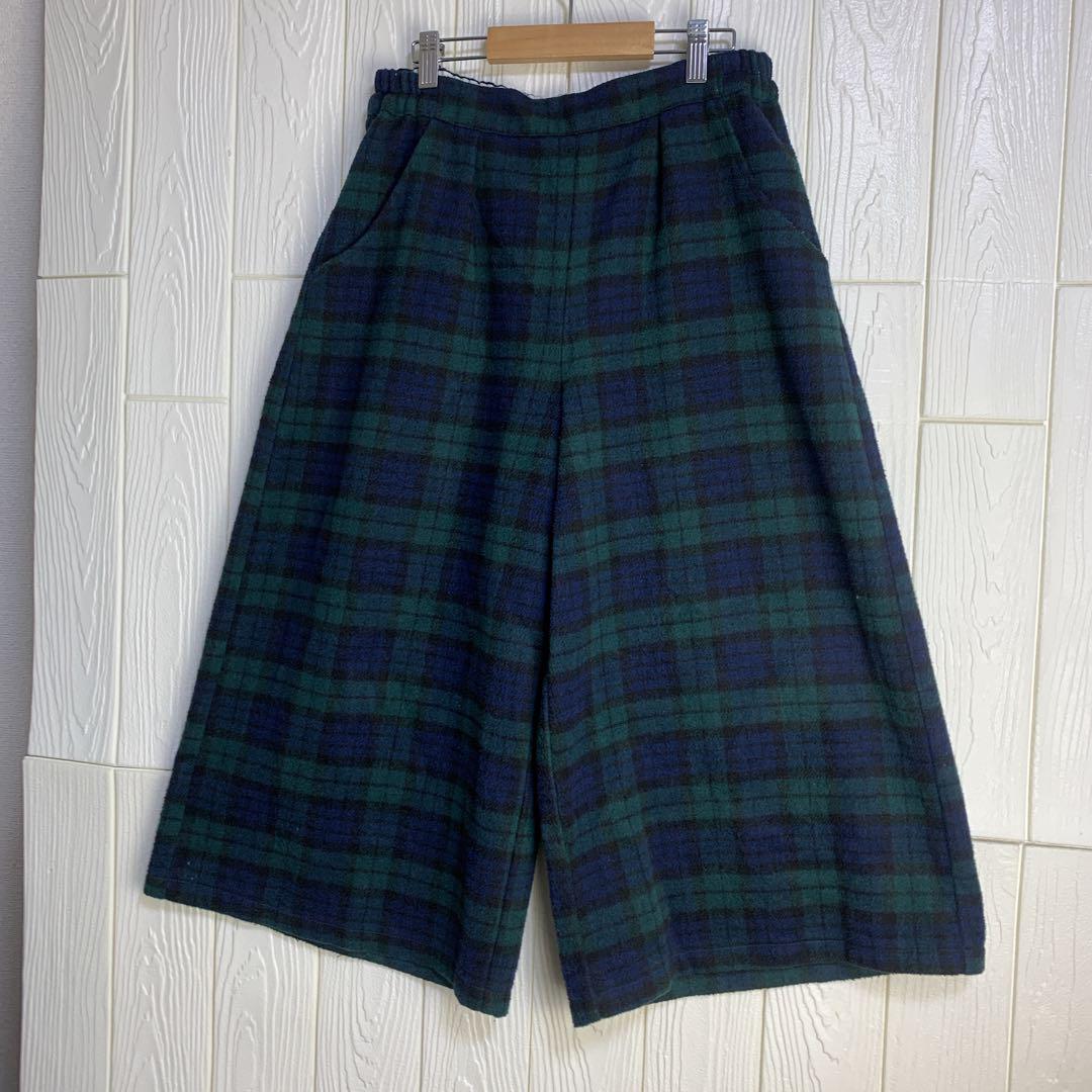 緑と紺のチェック柄キュロットパンツ 厚手拍卖