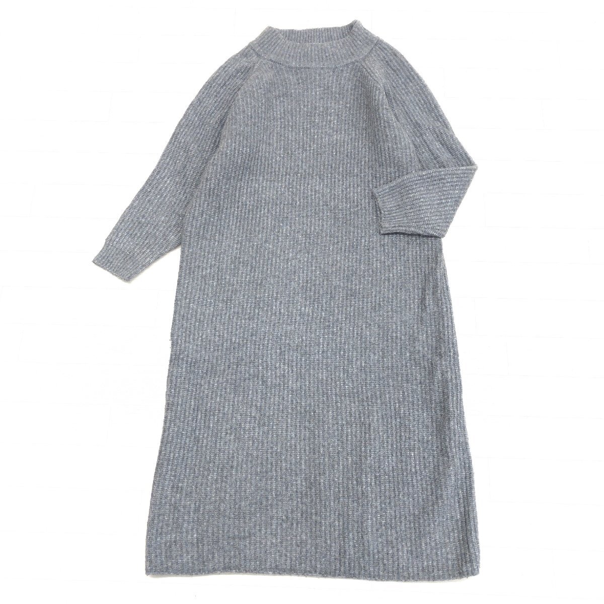 ●niko and... ニコアンド 定価5,900円+税 ウールブレンド ローゲージ ハイネック ニット ワンピース F グレー ミモレ丈 チュニック 長袖拍卖