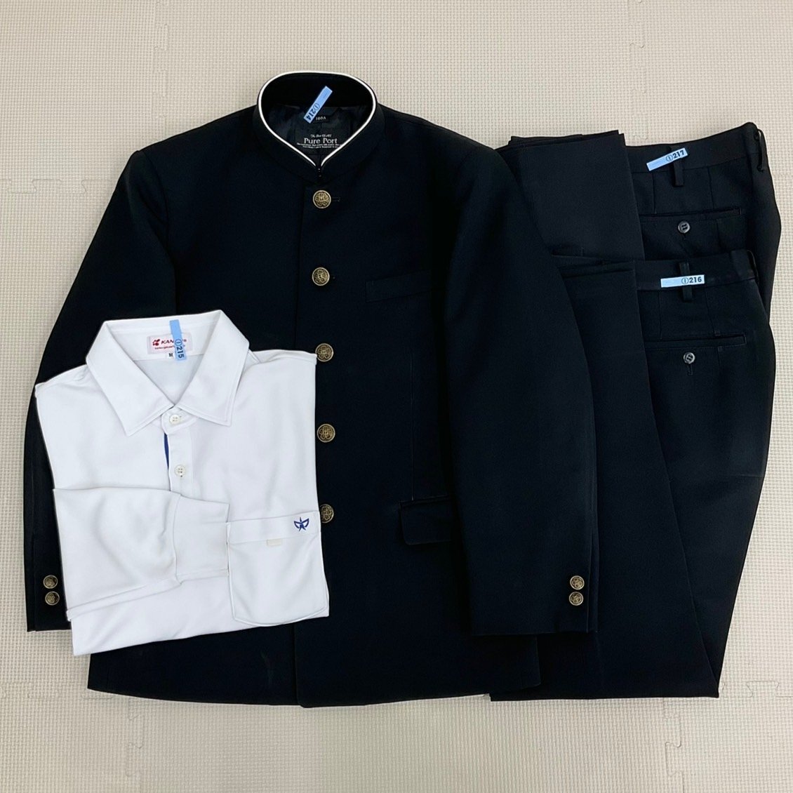 U1349/S1492(中古)鳥取県 箕蚊屋中学校 4点 /旧制服/学ラン:160A/ポロシャツ:M/夏冬ズボン:W67,W74程度/黒/PurePort/加工あり/卒業生品/拍卖