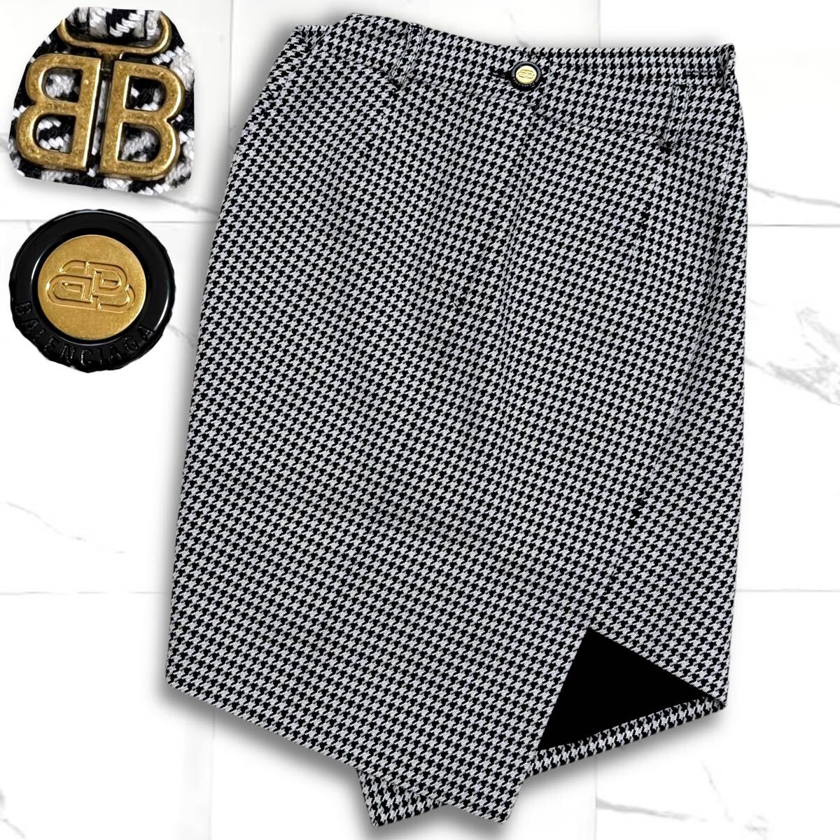 BALENCIAGA バレンシアガ スカート BBロゴ 金ボタン アシンメトリー 千鳥格子 グレンチェック 変形デザイン タイト 総柄 ひざ丈 レディース拍卖