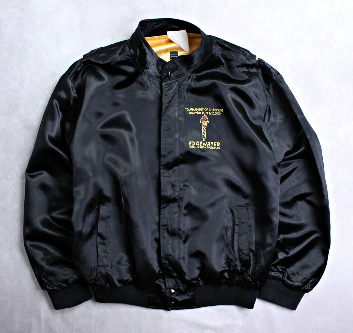 【EDGEWATER】2000s アメリカ製 サテンブルゾン カジノ ポーカー ブラックゴールド 2XL ビンテージ拍卖