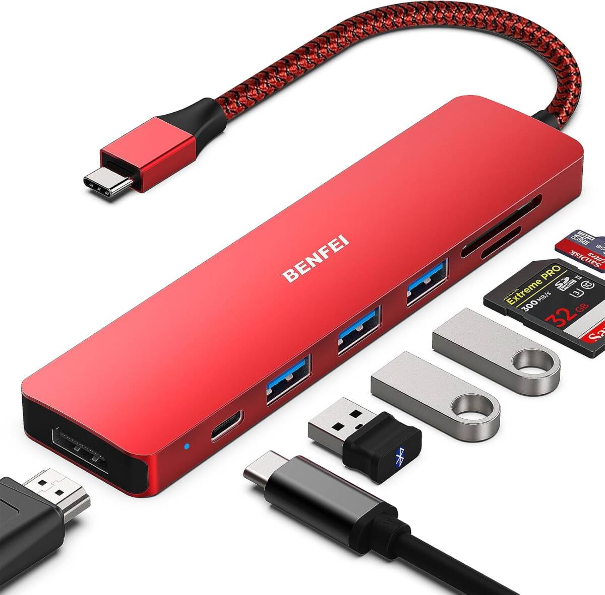 【新品】 BENFEI USB C ハブ 7in1、USB C ハブ マルチポート アダプター、USB-C - HDMI 4K@60Hz、USB-C - SD/TF カードリーダー レッド拍卖
