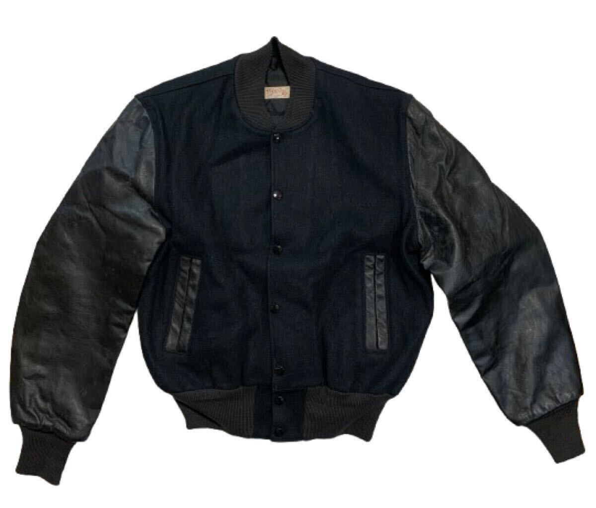 50s ビンテージ ブラック ウール & ブラック レザー スタジャン ステアハイド 牛革 バーシティー ジャケット 40位 黒色拍卖