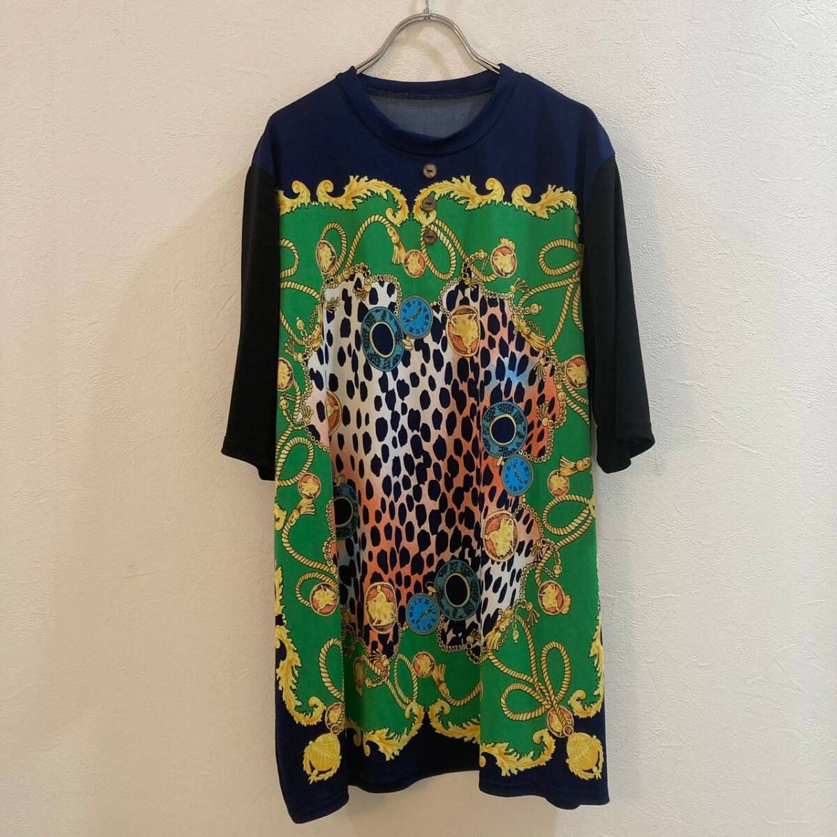 Peal/ 半袖チェーン柄カットソー ネイビー グリーン レディース LL拍卖