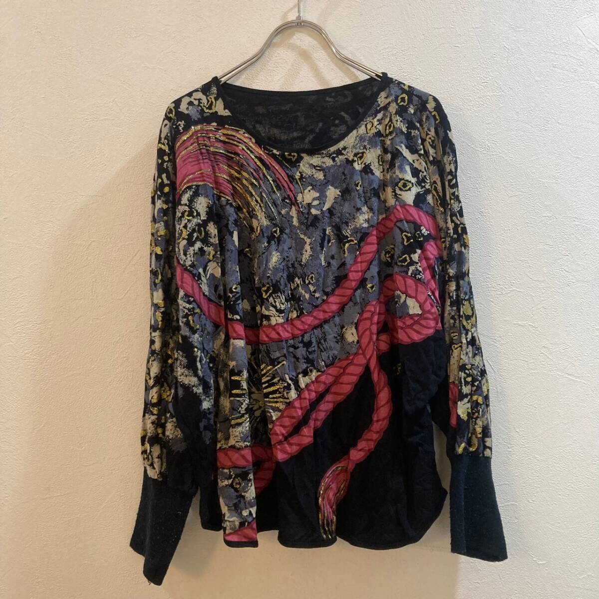 ROBERTO/ 長袖ドルマンスリーブ総柄カットソー ブラック 黒 レディース L拍卖