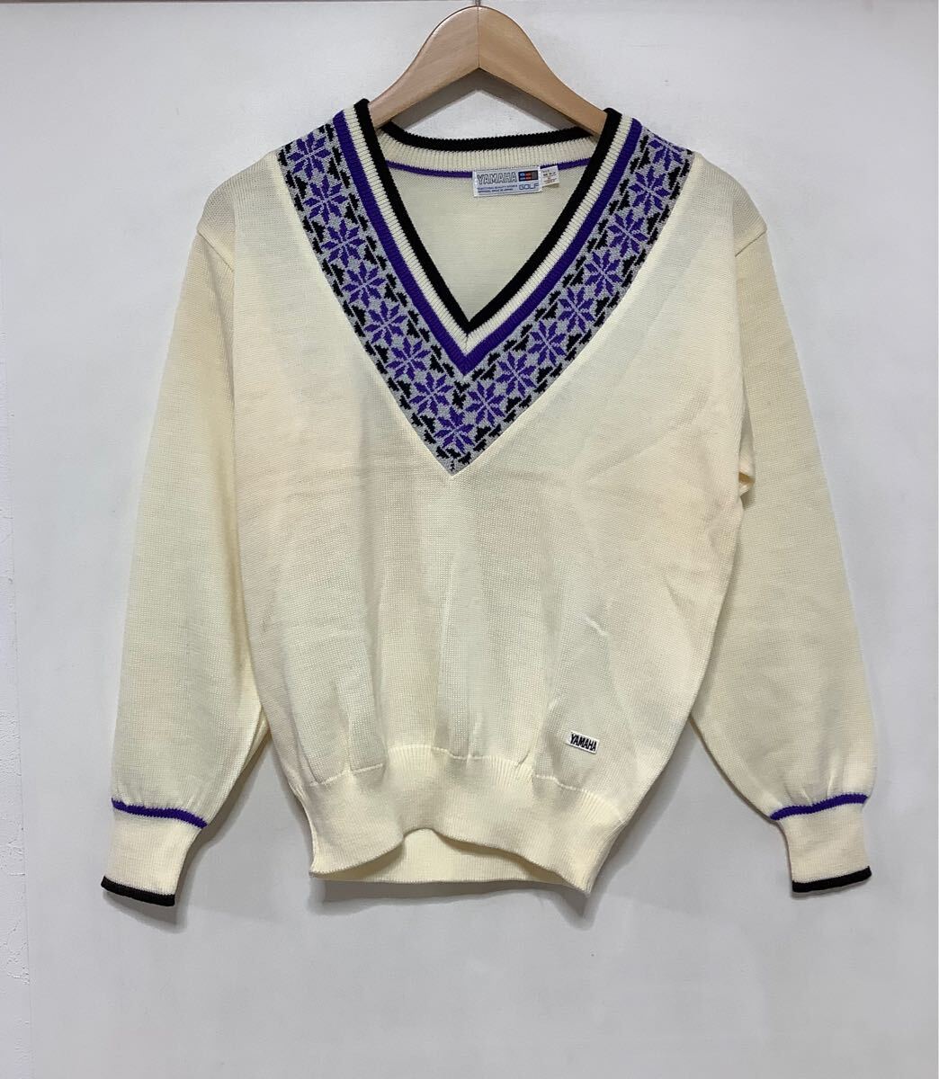 え1519 タグ付き YAMAHA GOLF ヤマハゴルフ Vネック ウールセーター M ホワイト 拍卖