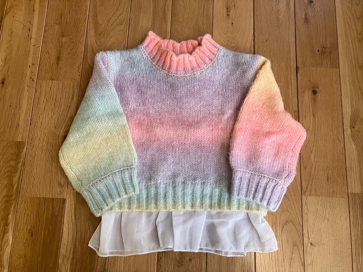 新品 女の子 レインボー ニット トップス 裾フリル 100センチ拍卖