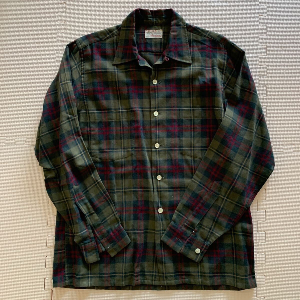 60s-70s【Manhattan VIYELLA】マンハッタン ヴィエラ チェック柄 オープンカラー ボックス ウール混 長袖シャツ M ヴィンテージ古着 英国拍卖