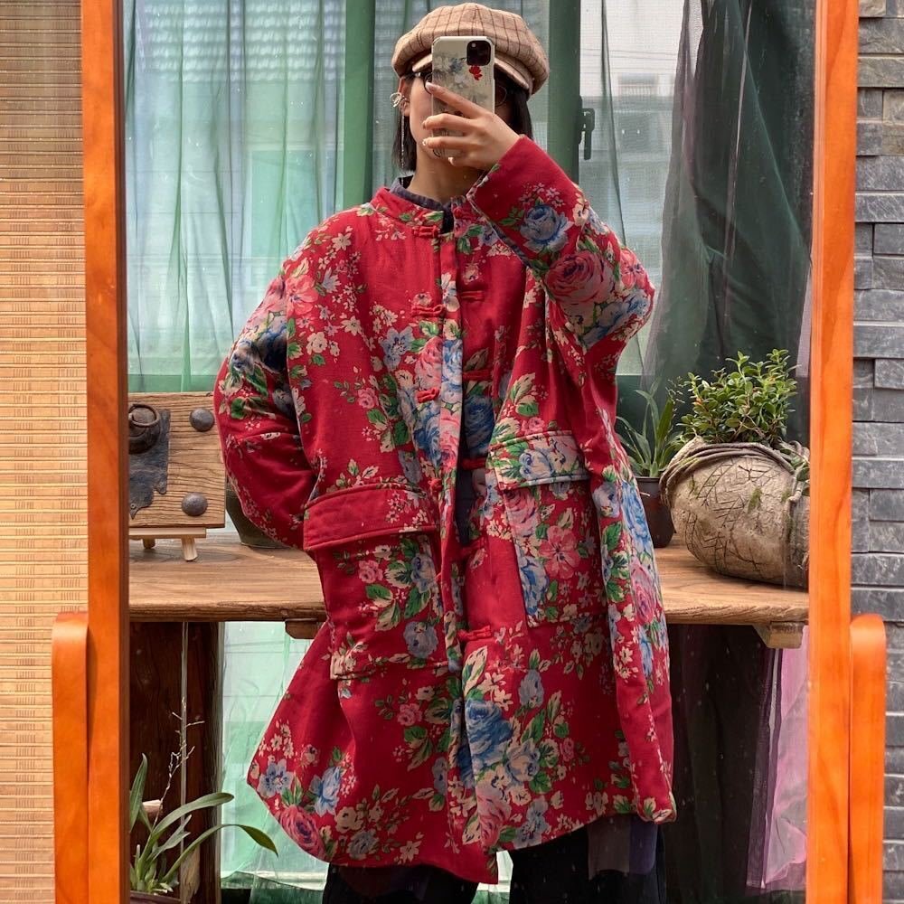 OHJ1104★スタンド襟 羽織物 アウター 袢纏 襤褸 アンティーク風 コート 洋服ミックス ロマンファッション 中綿 ポップ ダブルガーゼ 花柄拍卖