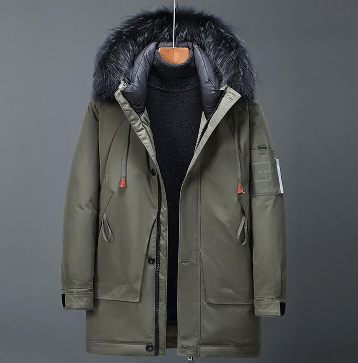 OHJ1222★メンズ ダウンジャケットファー付きダウンコート ロングコートライトダウンアウター 秋冬防風防寒700フィルパワー オリーブ拍卖