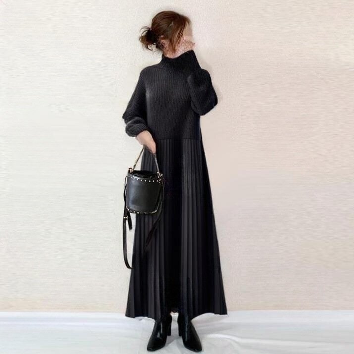 OHJ960★S-Lサイズ上質 ワンピース レディース ニットワンピース ニット切り替え きれいめ 長袖 ロングワンピースブラック サイズ選択可拍卖