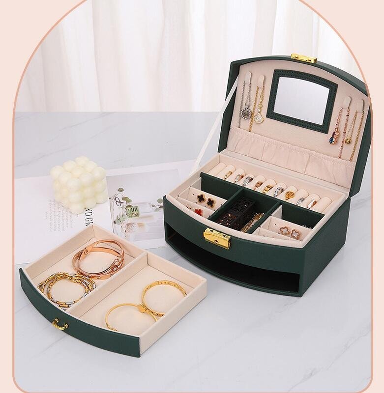 OHJ1069★ジュエリーボックス ジュエリー収納 アクセサリーケース 女の子 女性 人気 2層 鏡付き 大容量 小物入れ グリーン拍卖