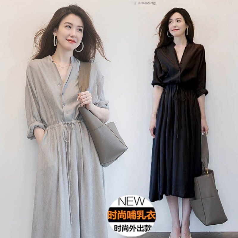 OHJ800★人気 キレイめ 膝丈ワンピース 上品 ゆったり とろみ素材 ポケット付き 着痩せ レディース ブラック Lサイズ選択可拍卖