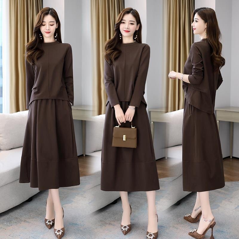 OHJ1006★秋冬新品☆ゆったり大きいサイズ☆レディース☆スカートスーツ☆上下セット☆通勤大人フォーマルスーツ☆ブラウンLサイズ拍卖