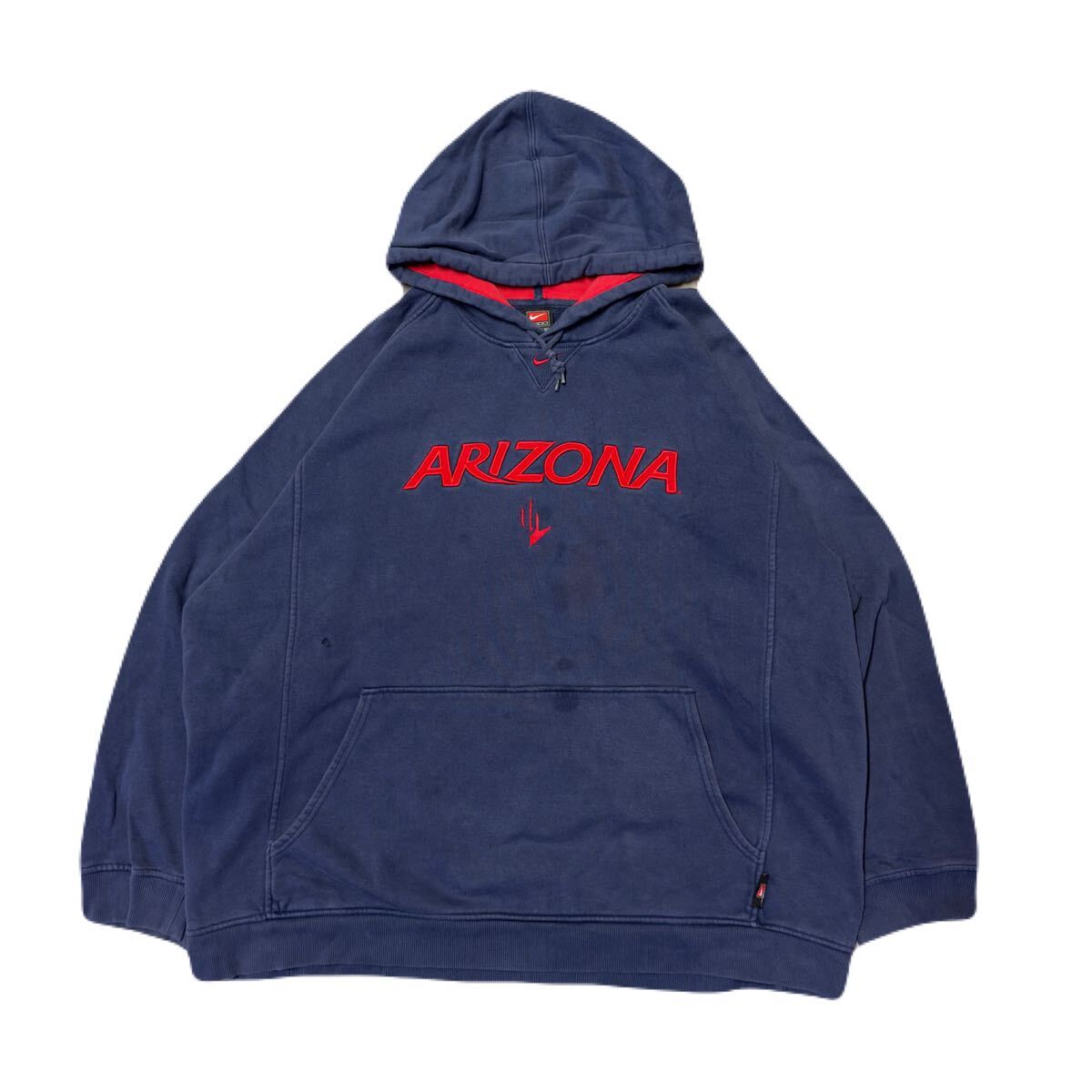 00s NIKE ARIZONA フードパーカー XXL センタースウォッシュ プルオーバー スウェット ネイビー拍卖