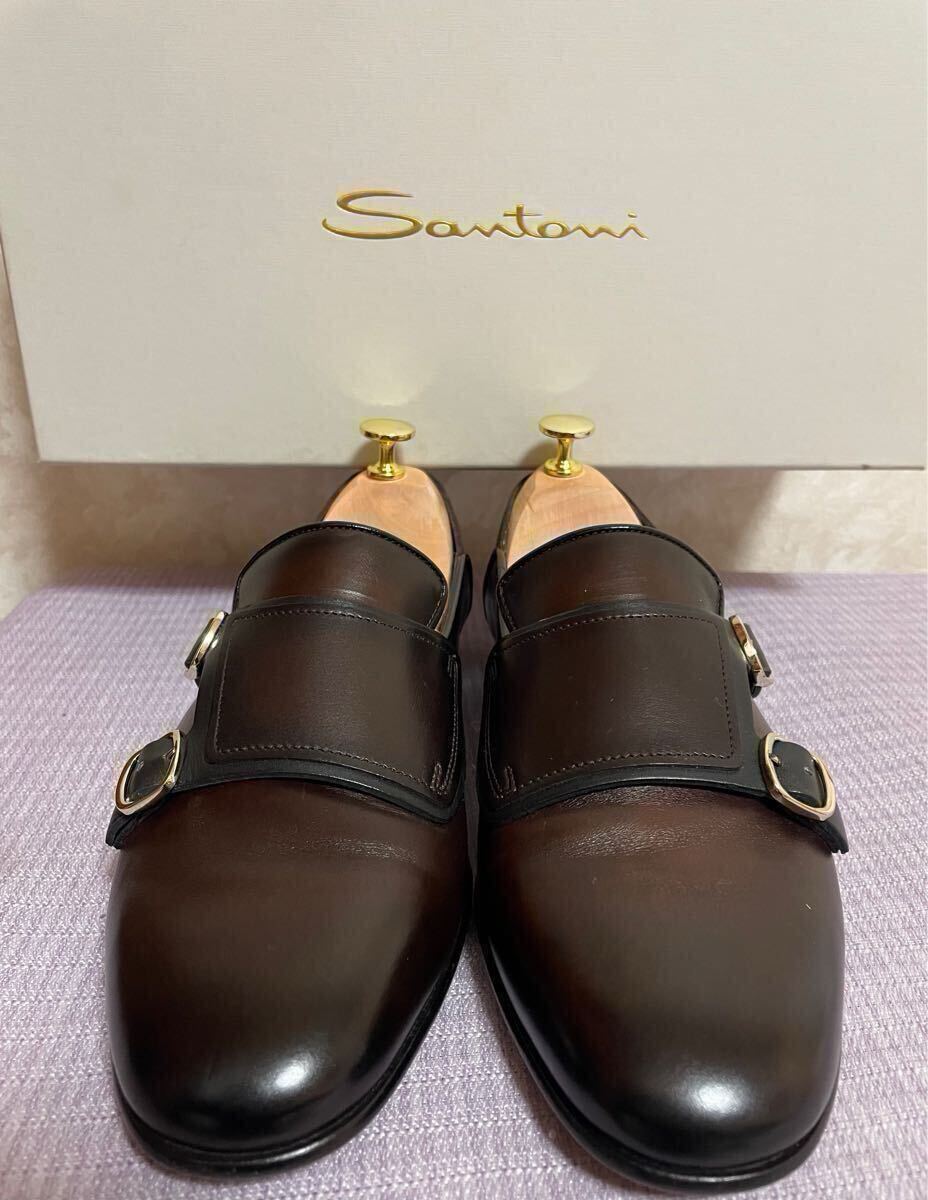 訳あり格安スタート!イタリア革靴トップブランド/王道SANTONI!気品あるダークブラウン高品位の本革!豪華秀逸モンクストラップ!17万円相当拍卖