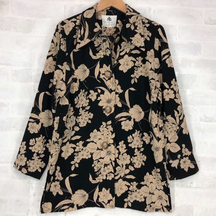 hb TOKYO GINZA 銀座花菱 ハナビシ 花柄 長袖ブラウス 羽織シャツ SIZE: 9号 ブラック/ベージュ LH632024122701拍卖