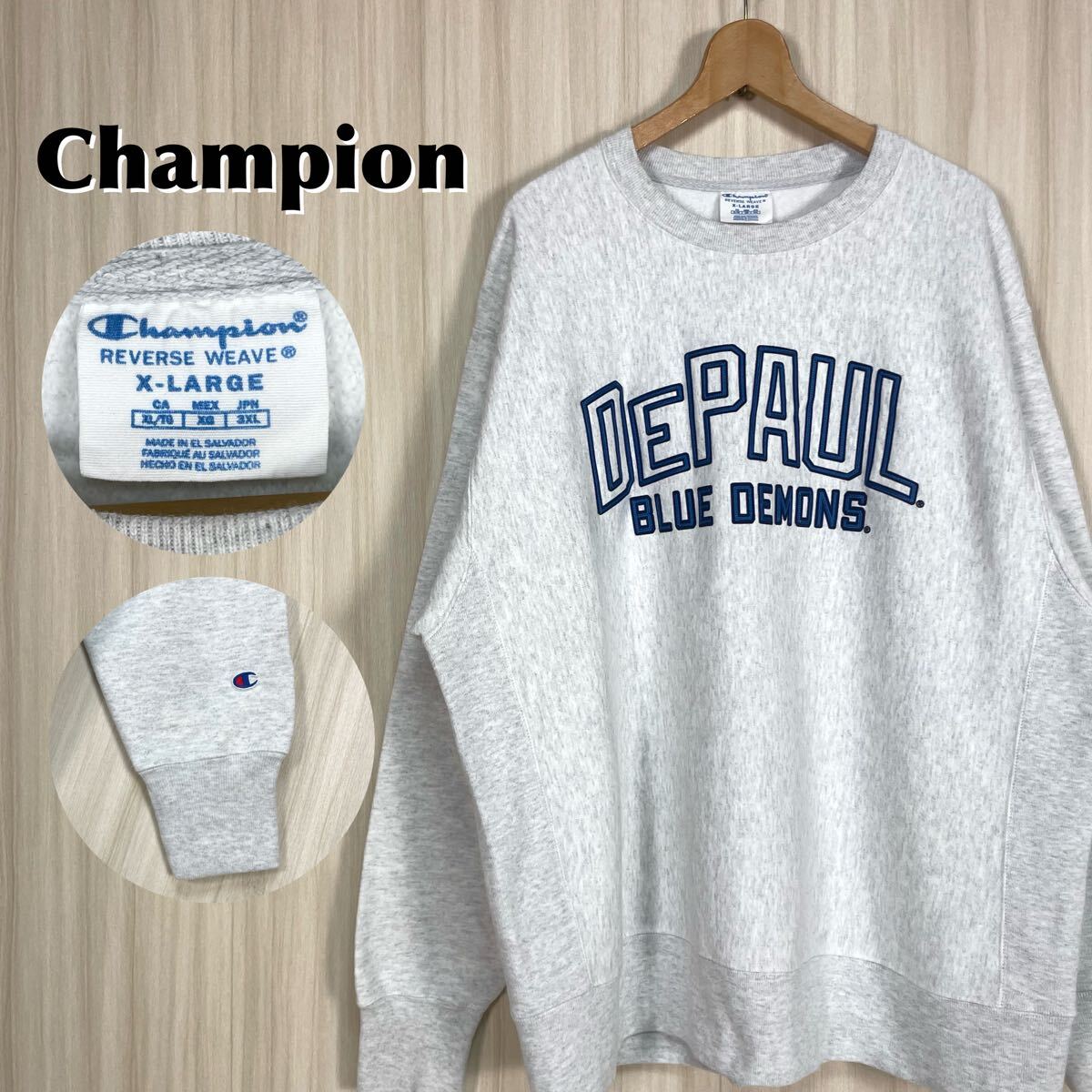 ☆入手困難☆チャンピオン リバースウィーブ デポール大学 ブルーデーモンズ 刺繍 ビッグロゴ 裏起毛 スウェット トレーナー 霜降り 古着拍卖