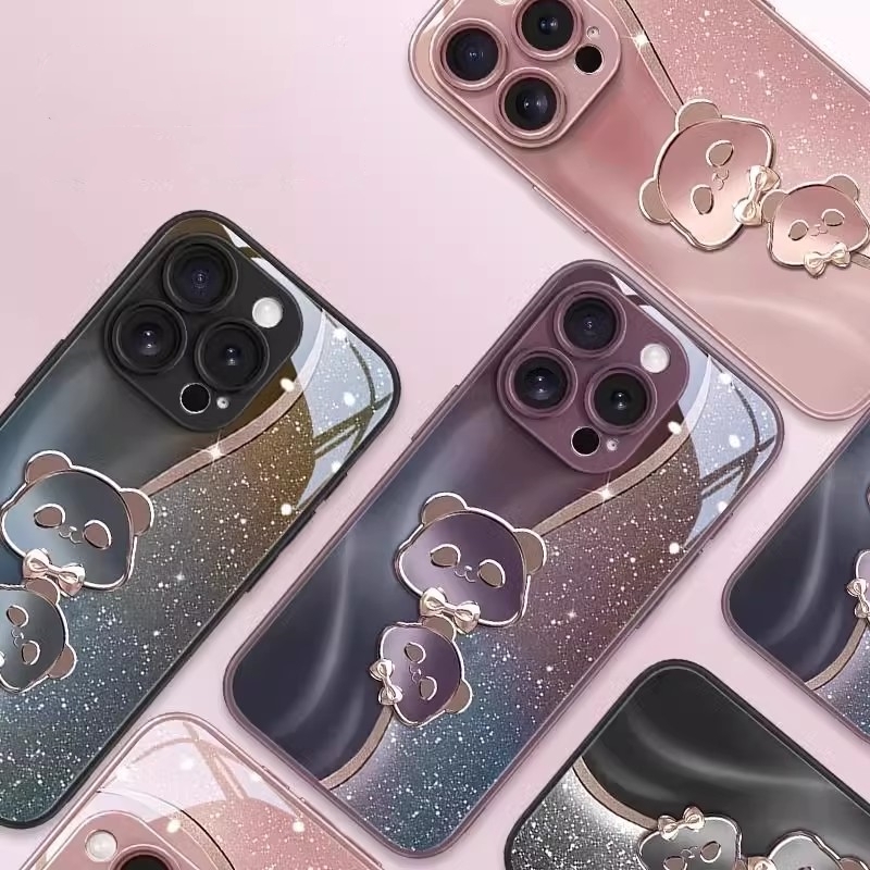 iPhone 16 Plus ケース 保護カバー 6.7インチ スマートフォンカバー 背面 強化ガラス素材 耐衝撃 薄型 軽量 かわいいパンダ スマホcase拍卖