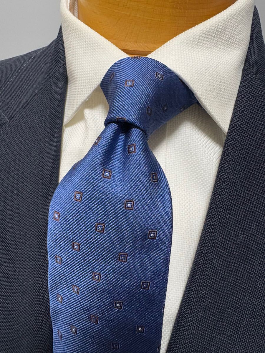 【美品】FORTUNA イタリア製大剣約8.5cm ブルー 小紋 高級シルク拍卖