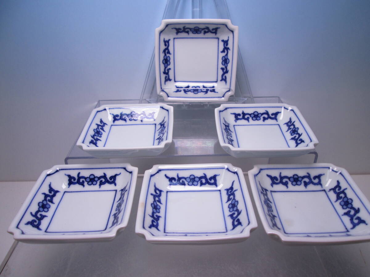 ☆お料理屋さんの器 文楽 染付 花唐草文 四方小皿 六客 珍味入れ/小鉢/懐石/割烹/日本料理拍卖
