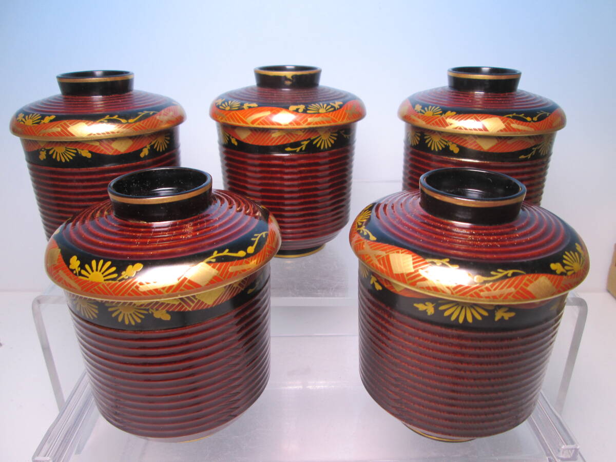 ☆お料理屋さんの器 天然木本漆塗 内朱 金蒔絵 吸物椀 五客 箱無 蓋向付/懐石/割烹/日本料理拍卖