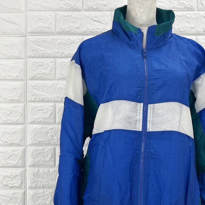 【A2831】J.BLAIR ジャンパー ナイロンジャケット メンズ ビンテージ ブルー×ホワイト×グリーン 切り替え レトロ 春秋 Lサイズ拍卖