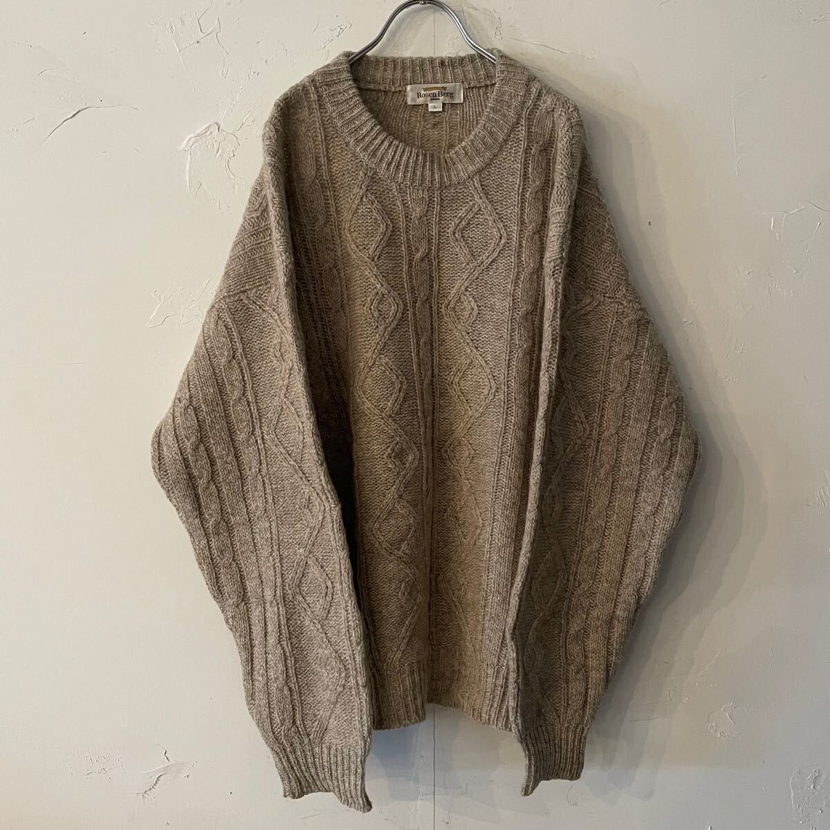 ヴィンテージ NEW WOOL 100% ケーブル編みニット ライトグレー系 ドロップショルダーセーター L オーバーサイズ メンズ レディース古着 4拍卖