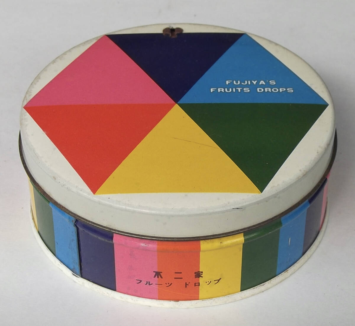 ビンテージ ブリキ 空き缶 不二家 ドロップス FUJIYA'S FRUITS DROPS 昭和 レトロ ポップ 飴 キャンディ ティン缶 パッケージ拍卖