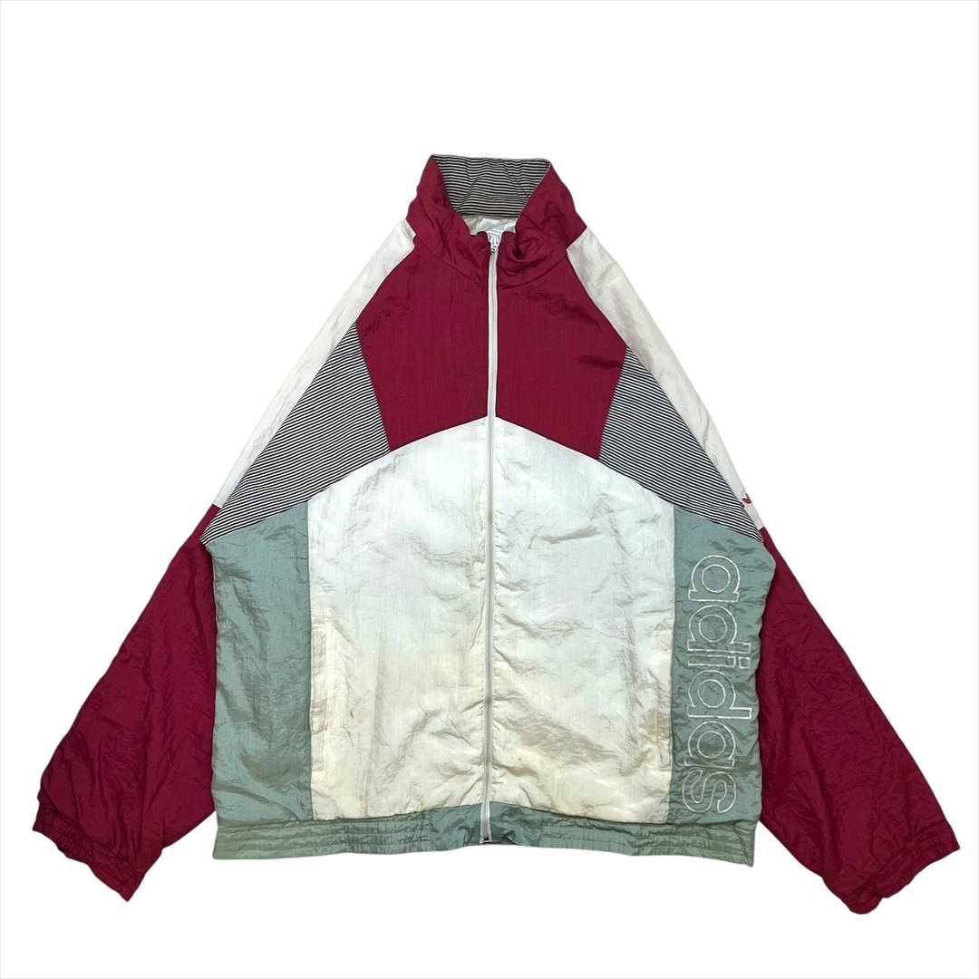 【訳アリ】80s アディダス ナイロンジャケット ジャケット ホワイト adidas 古着 メンズ L マルチカラー スポーツ 刺繍ロゴ拍卖