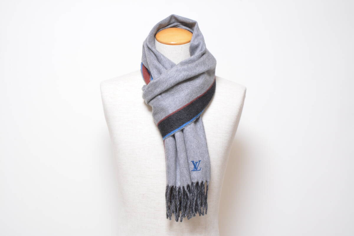良品 ルイヴィトン マフラー 少量生産レア エシャルプ ジェラム ストライプ カシミヤ100% 繊維の宝石 波打つ艶感拍卖