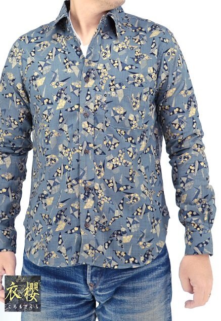 古布調 長袖レギュラーカラーシャツ「折り鶴」◆衣櫻◆衣櫻 ブルーグレーLサイズ SA-1666 和柄 和風 折紙 日本製 国産拍卖