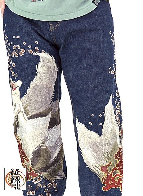 粋 桜火炎九尾狐デニムジーンズ◆絡繰魂 ネイビー34inch 34インチ 244236 和柄 和風 妖怪 キツネ からくり拍卖