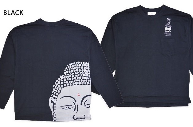 大仏ちょいデカポケ付きロングTシャツ◆喜人 ブラックLサイズ KJ-42107 和柄 和風 長袖 きじん拍卖