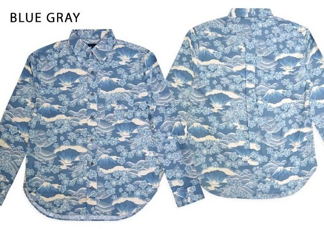 抜染調 長袖レギュラーカラーシャツ「桜富士」◆衣櫻 ブルーグレーLサイズ SA-1664 和柄 和風 さくら サクラ 富士山 日本製 国産拍卖
