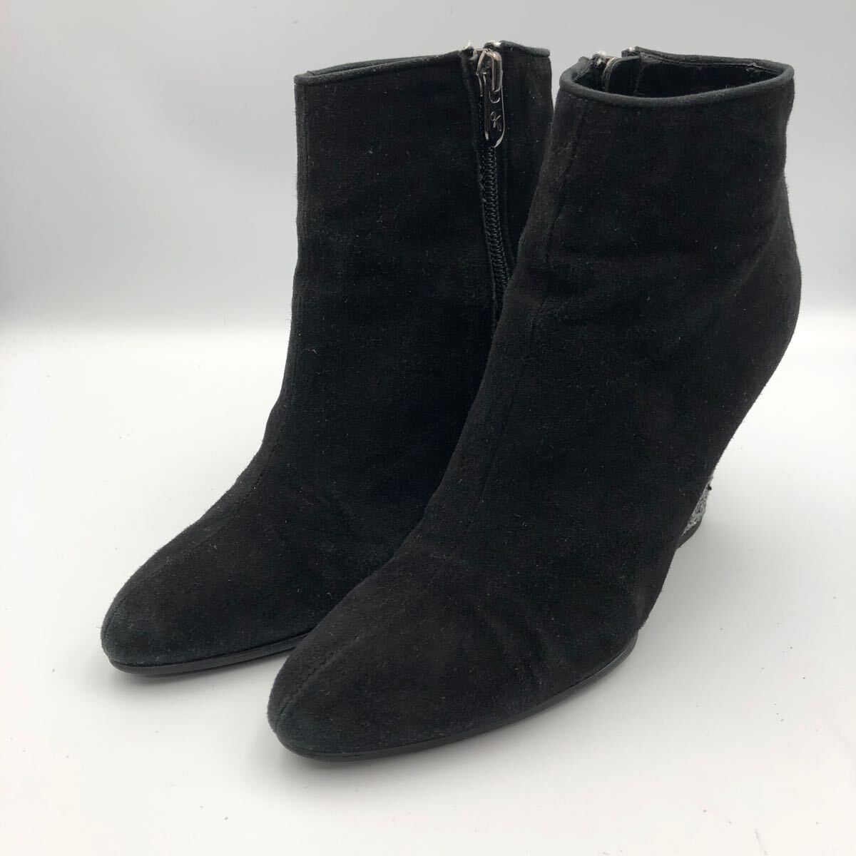K645 GINZA Kanematsu 銀座カネマツ レディース ショートブーツ 22.5cm ブラック シルバー スエード サイドジップ拍卖