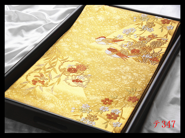 蔵【テ347】西陣逸品 振袖可 雪輪草花鴛鴦紋 金色地 正絹純金糸六通高級美術袋帯 未使用 ◇検◇簪着物名古屋帯和装小物帯締め拍卖
