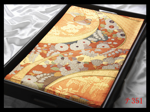 蔵【テ351】西陣逸品 振袖可 辻ヶ花鴛鴦紋 柿色地 気品豊かに 正絹純金糸六通高級美術袋帯 ◇検◇簪着物名古屋帯和装小物帯締め拍卖