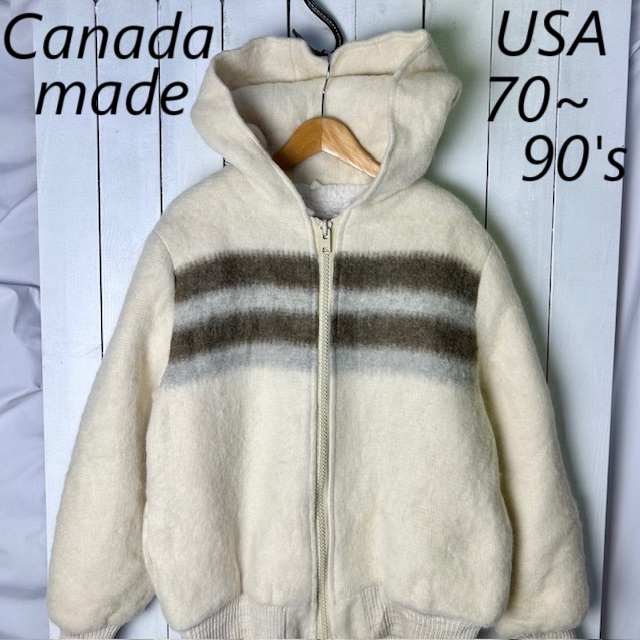 USA古着 70s~90s カナダ製 厚手 フード付き裏ボア ウールジャケット ブルゾン M程度 オールド ヴィンテージ ウールブルゾン 冬 厚手 ●279拍卖