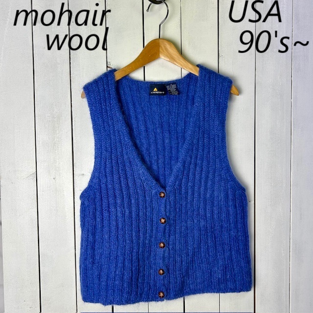 USA古着 90s~ モヘアウール リブニットベスト S~M 青系 Lizsport オールド アメリカ古着 秋冬春 ●88拍卖