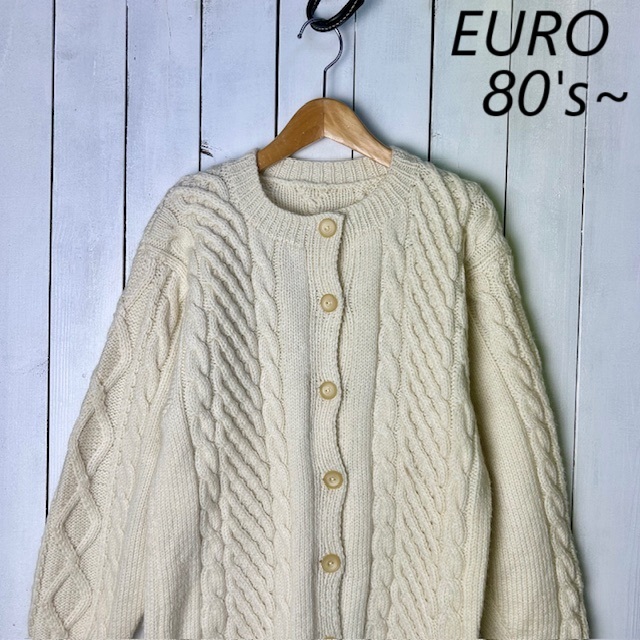 EURO古着 厚手ざっくり アランニットカーディガン S~M 生成り ウール オールド ヴィンテージ ヨーロッパ ケーブルニット ●284拍卖