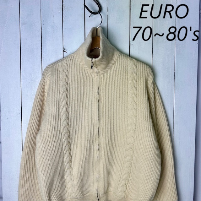 EURO古着 70s~80s リブ編みウール ドライバーズニットジャケット 40 西ドイツ生地 ウール オールド ヨーロッパ 厚手 ジップニット ●286拍卖