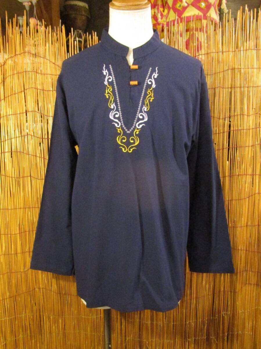 【送料込み/SALE】⑧新品*男女兼用*コットン素材*トライバルステッチ*マオカラー*ロングスリーブ*プルオーバー*MAJAM拍卖