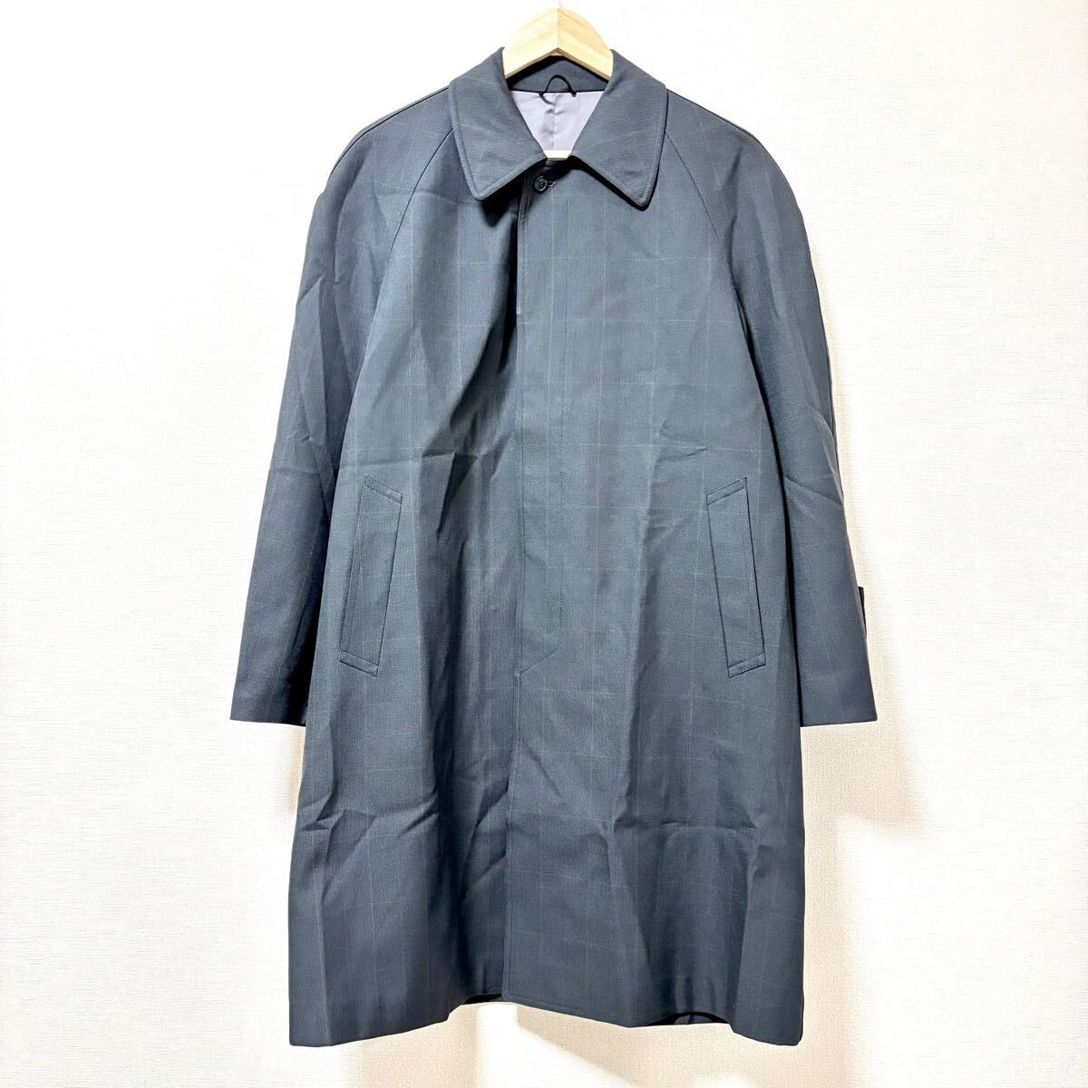 美品◎日本製◎【FIGHT MAN】ステンカラー コート 黒 ロング丈 チェック 柄 バルマカーン ビジネス ビンテージ メンズ サイズ97/Y21630SS拍卖