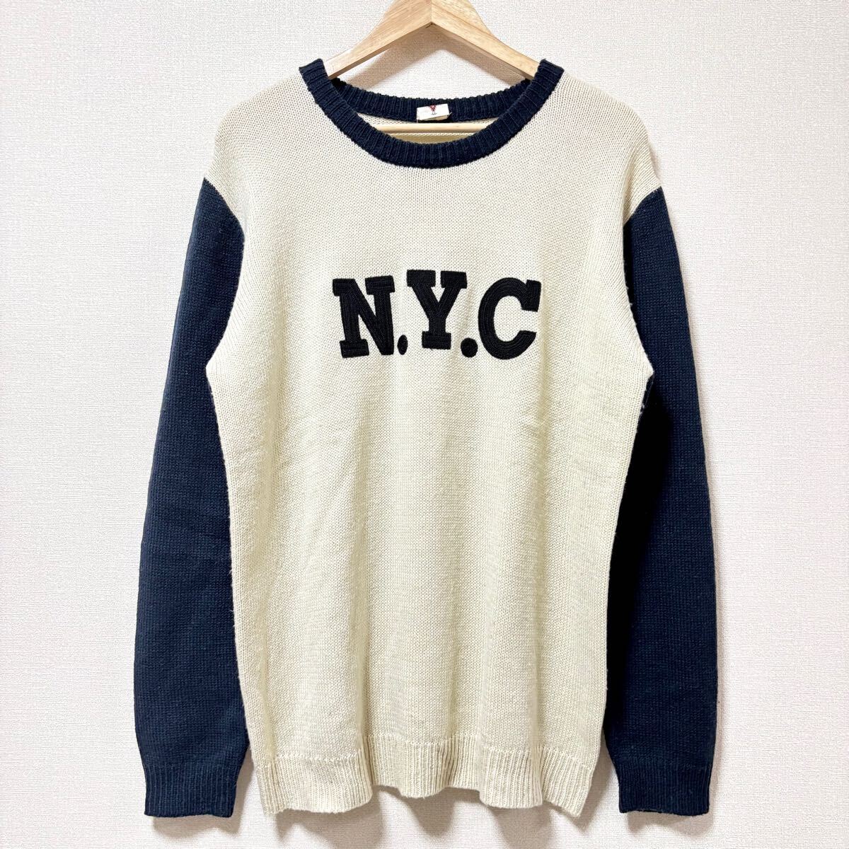 大きいサイズ◎ウール刺しゅう◎【POWER TO THE PEOPLE】クルーネック セーター 紺 ベージュ NYC アメカジ メンズ サイズLL/Y22712SS拍卖