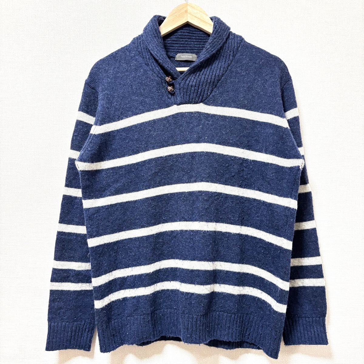 上質◎おしゃれ◎【field/dream】フィールドドリーム ショールカラー セーター 紺 ボーダー 柄 メランジ ニット ウール サイズL/Y22721SS拍卖