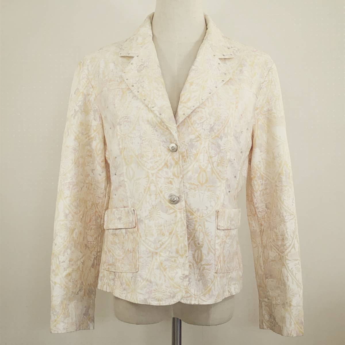 YAS1031 Cinderella シンデレラ レディース トップス ジャケット 長袖 肩パッド ラインストーン イエロー 黄 総柄 綿100% エレガント 秋冬拍卖