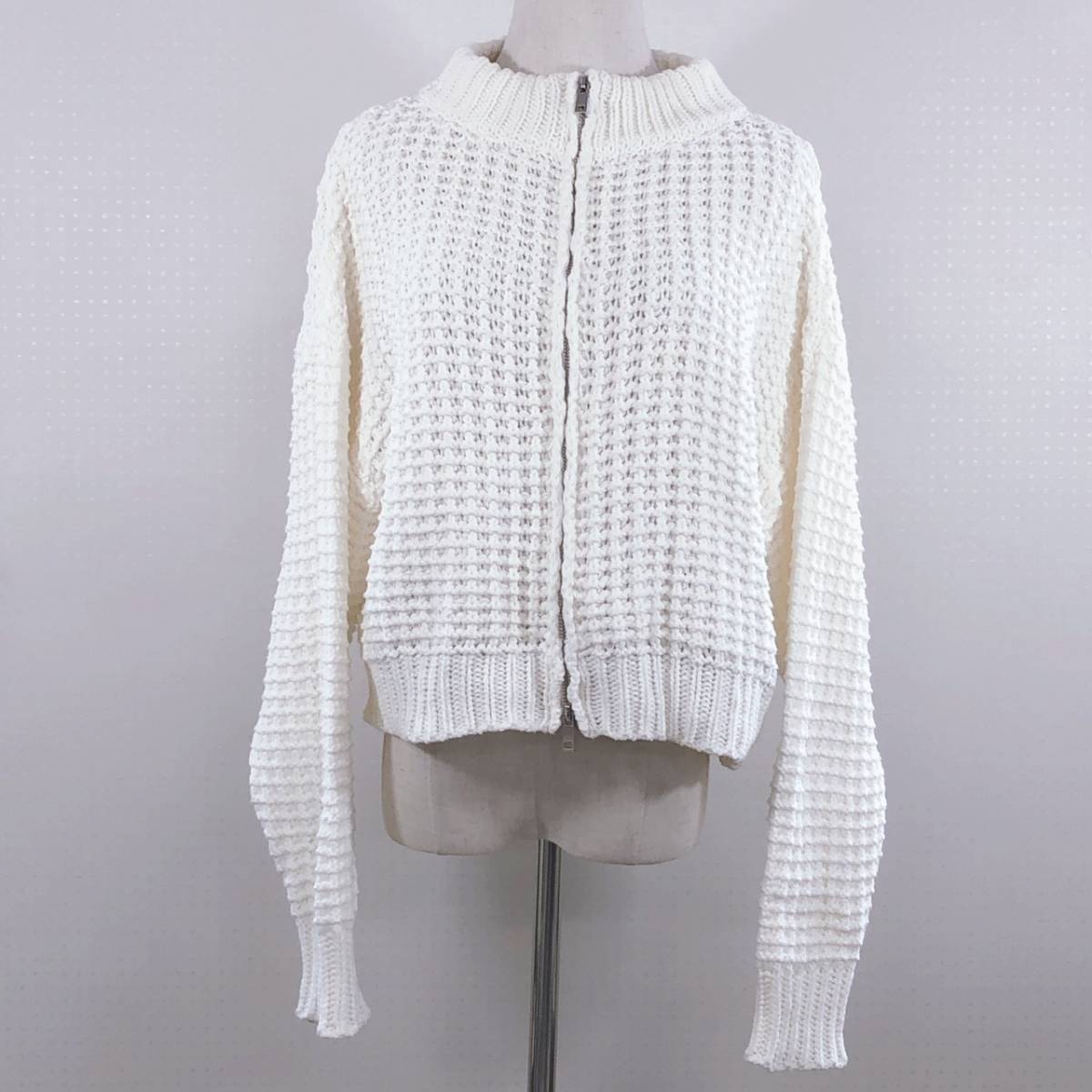 YAS1112 極美品 NEUNA ヌナ レディース アウター カーディガン 長袖 ジップアップ ニット Fサイズ フリーサイズ ホワイト 白 綿素材含 秋冬拍卖
