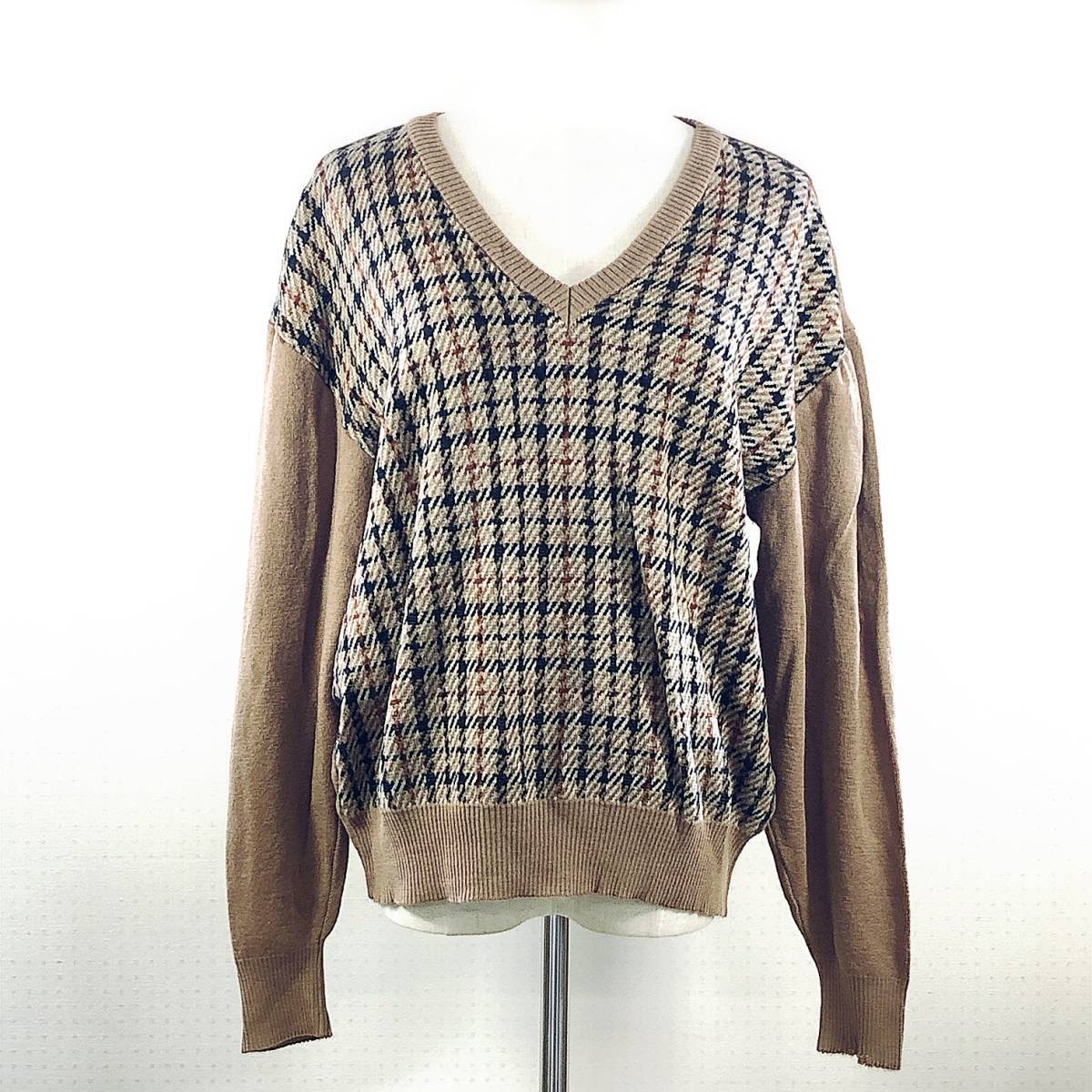 YZ0220 DAKS GOLF ダックスゴルフ レディース トップス ニット セーター 長袖 英国ブランド ブラウン 茶 毛100% ハウスチェック 秋冬拍卖